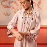 Malika Salmon Pink Embroidered Crinkled Crepe Long Shirt for Women