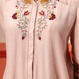 Malika Salmon Pink Embroidered Crinkled Crepe Long Shirt for Women