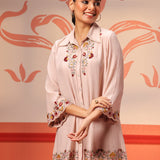 Malika Salmon Pink Embroidered Crinkled Crepe Long Shirt for Women