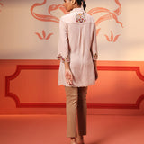 Malika Salmon Pink Embroidered Crinkled Crepe Long Shirt for Women