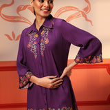 Woman wearing Malika Purple Embroidered Crinkled Crepe Long Shirt