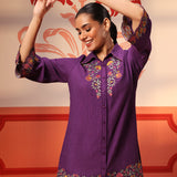 Woman smiling in Malika Purple Embroidered Crinkled Crepe Long Shirt