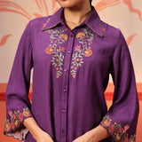 Close front view of a Malika Purple Embroidered Crinkled Crepe Long Shirt