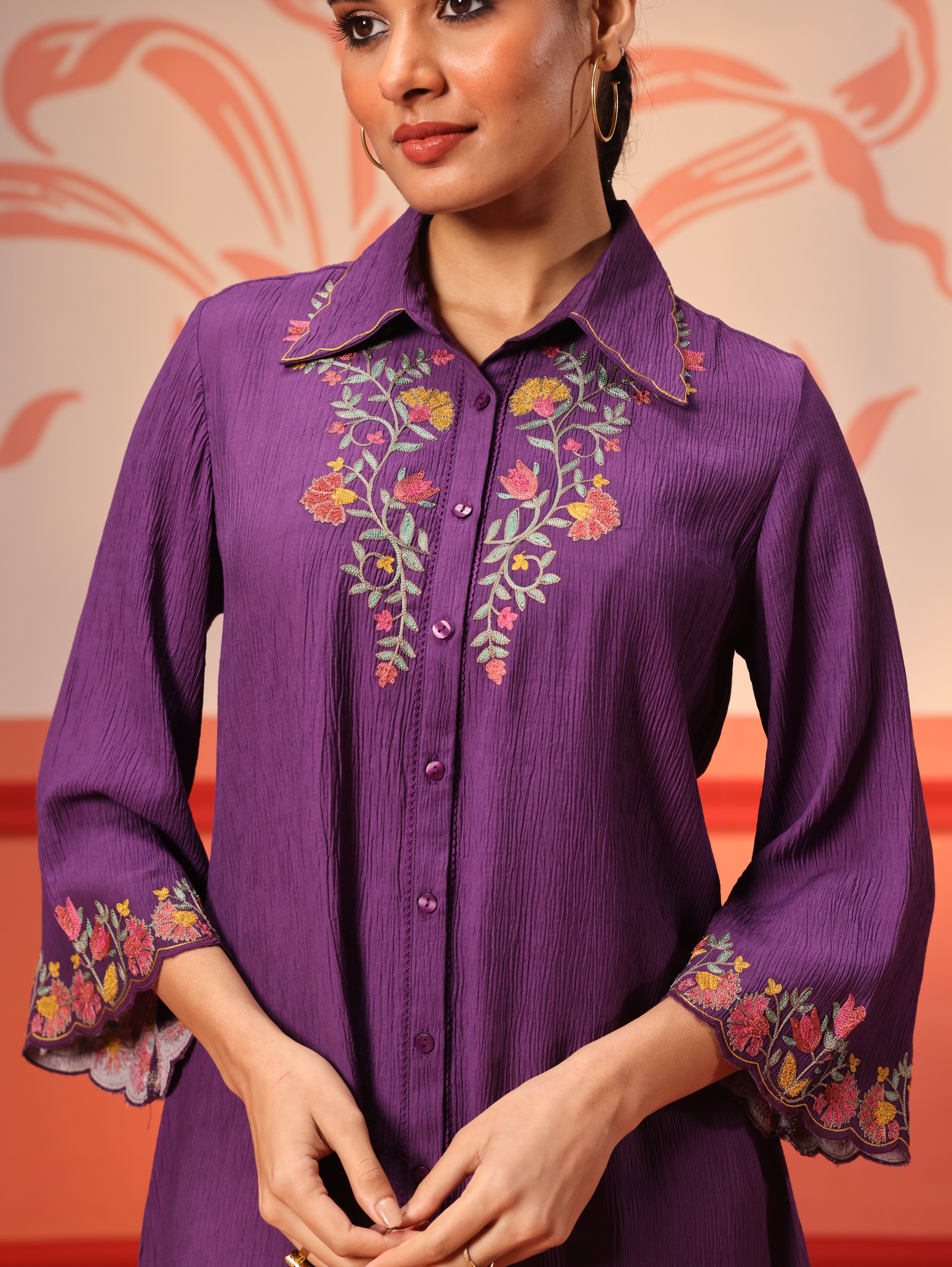 Close front view of a Malika Purple Embroidered Crinkled Crepe Long Shirt