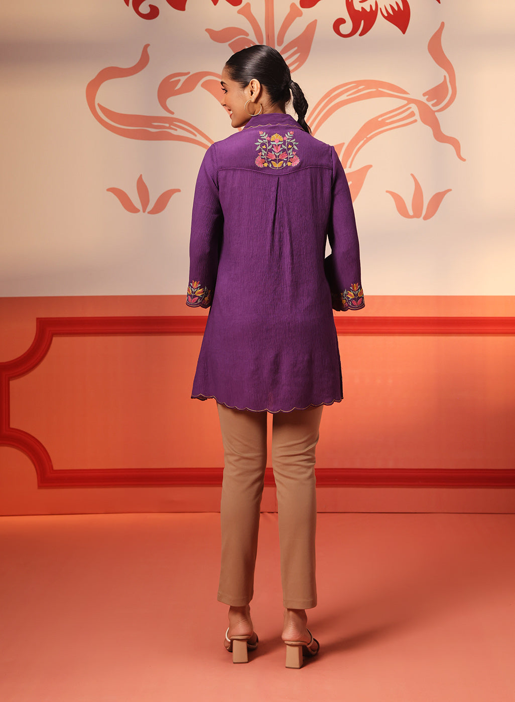 Back view of a Malika Purple Embroidered Crinkled Crepe Long Shirt