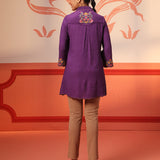 Back view of a Malika Purple Embroidered Crinkled Crepe Long Shirt