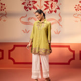 Malika Apple Green Embroidered Crinkled Crepe Long Shirt for Women