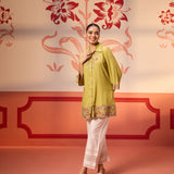 Malika Apple Green Embroidered Crinkled Crepe Long Shirt for Women