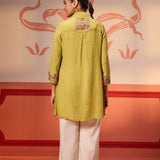 Malika Apple Green Embroidered Crinkled Crepe Long Shirt for Women