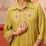 Malika Apple Green Embroidered Crinkled Crepe Long Shirt for Women