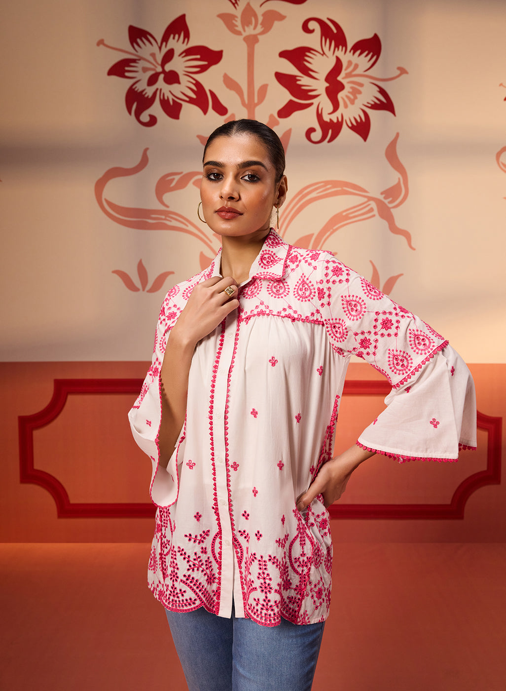 Woman wearing Masakali Ivory with Fuchsia Pink Embroidered Schiffli Shirt