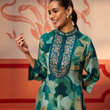 Front view of a Kinza Blue Crepe Printed Long Top