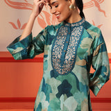 Woman wearing Kinza Blue Crepe Printed Long Top