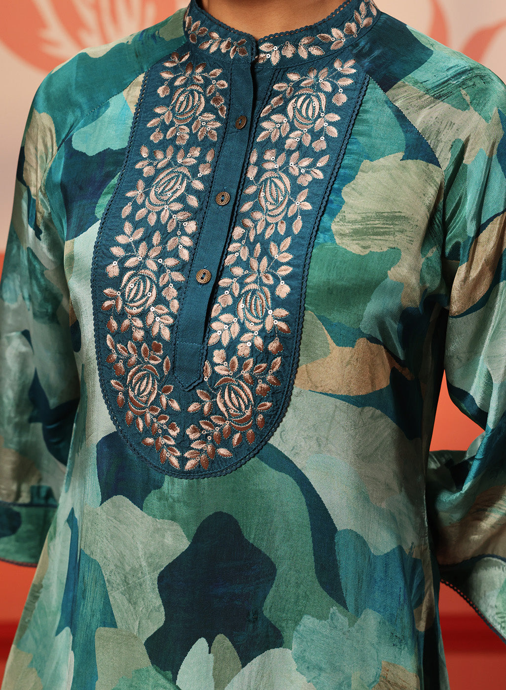 Close-up view of Kinza Blue Crepe Printed Long Top