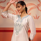 Khurshid Ivory Embroidered Cotton Linen Designer Kurta Set for Women