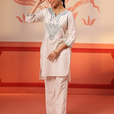 Khurshid Ivory Embroidered Cotton Linen Designer Kurta Set for Women