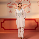 Khurshid Ivory Embroidered Cotton Linen Designer Kurta Set for Women