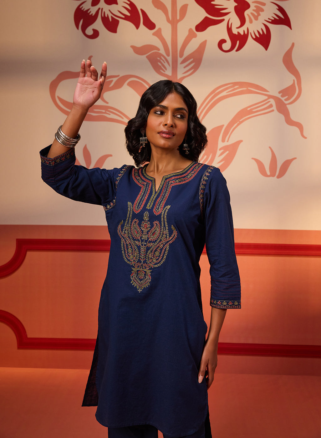 Woman wearing Khurshid Navy Blue Embroidered Cotton Linen Designer Kurta