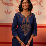 Woman smiling in Khurshid Navy Blue Embroidered Cotton Linen Designer Kurta
