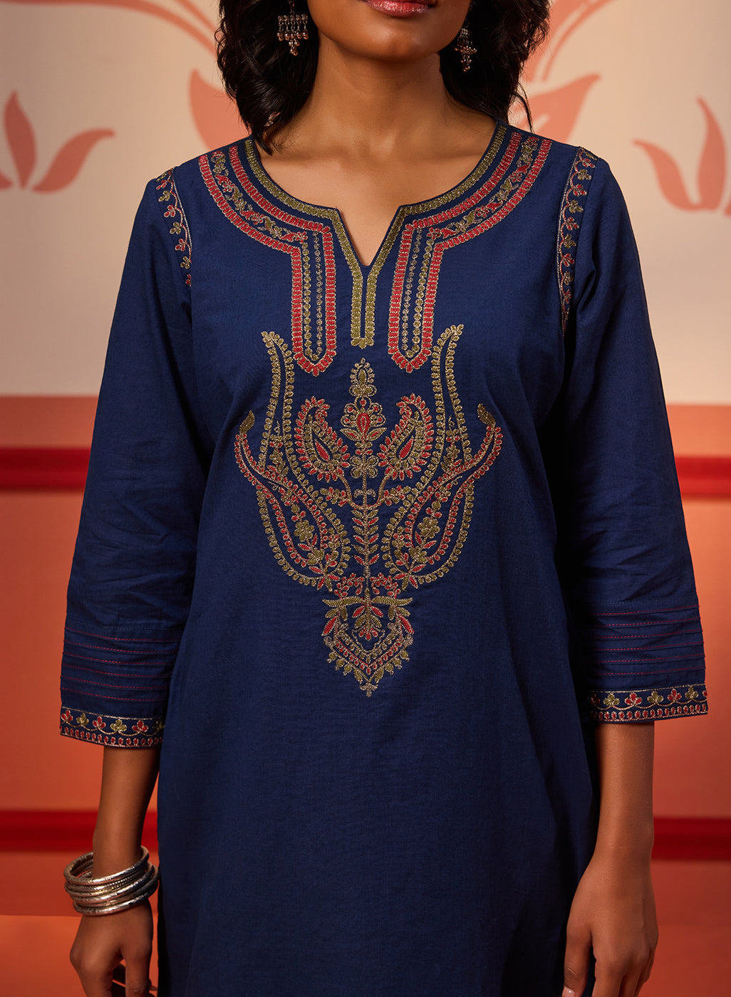 Close-up view of a Khurshid Navy Blue Embroidered Cotton Linen Designer Kurta