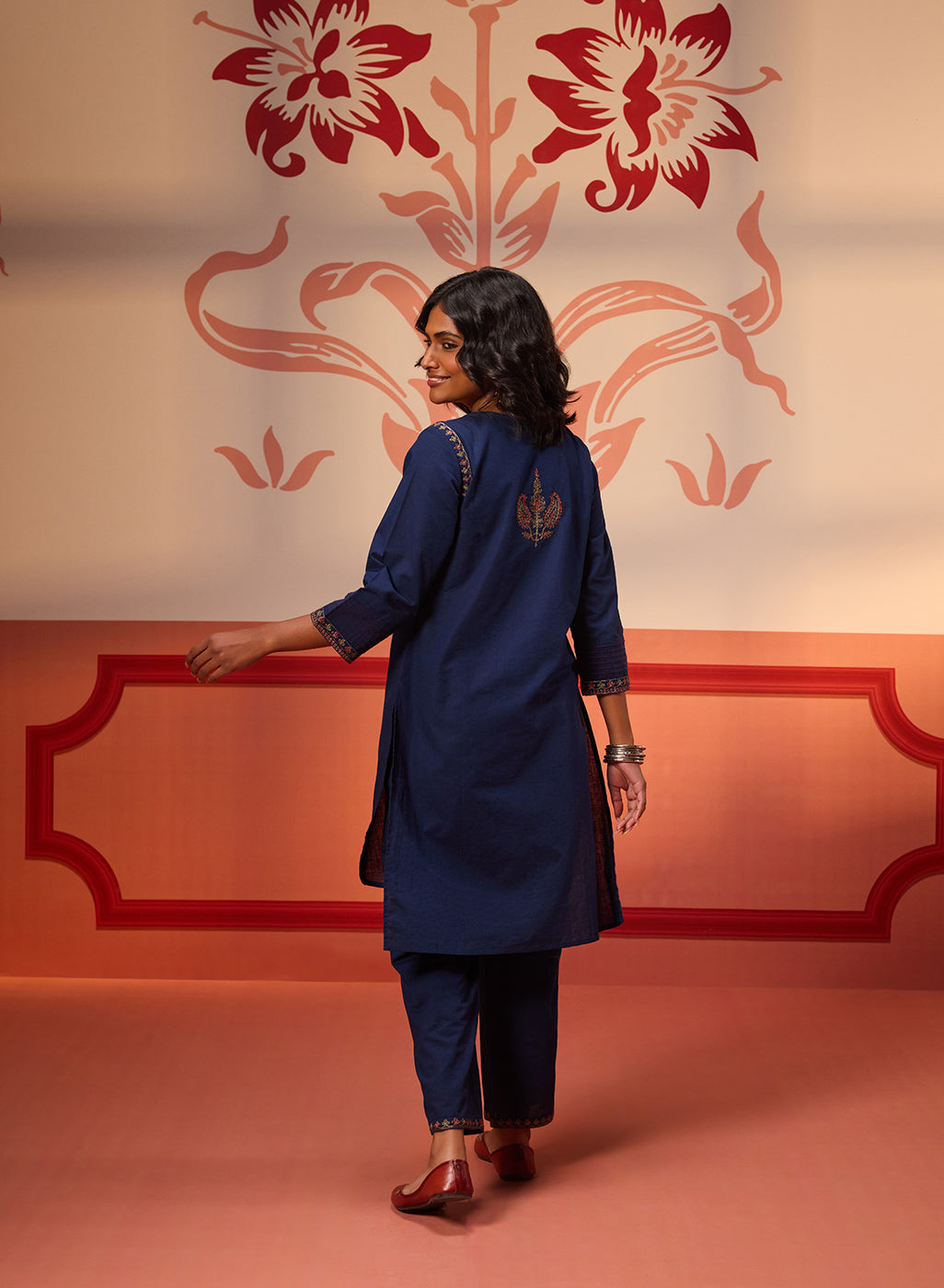 Back view of Khurshid Navy Blue Embroidered Cotton Linen Designer Kurta Set