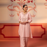 Khurshid Salmon Pink Embroidered Cotton Linen Designer Kurta Set for Women