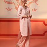 Khurshid Salmon Pink Embroidered Cotton Linen Designer Kurta Set for Women