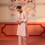 Khurshid Salmon Pink Embroidered Cotton Linen Designer Kurta Set for Women