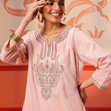 Khurshid Salmon Pink Embroidered Cotton Linen Designer Kurta Set for Women