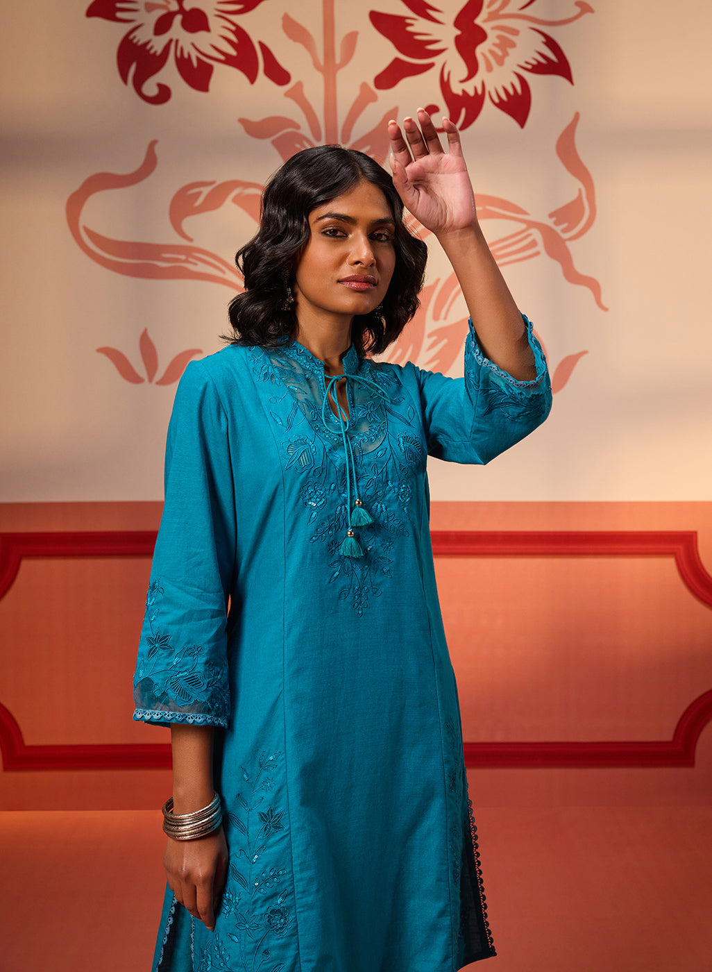 Front view of Zara Teal Cotton Linen Embroidered Kurta