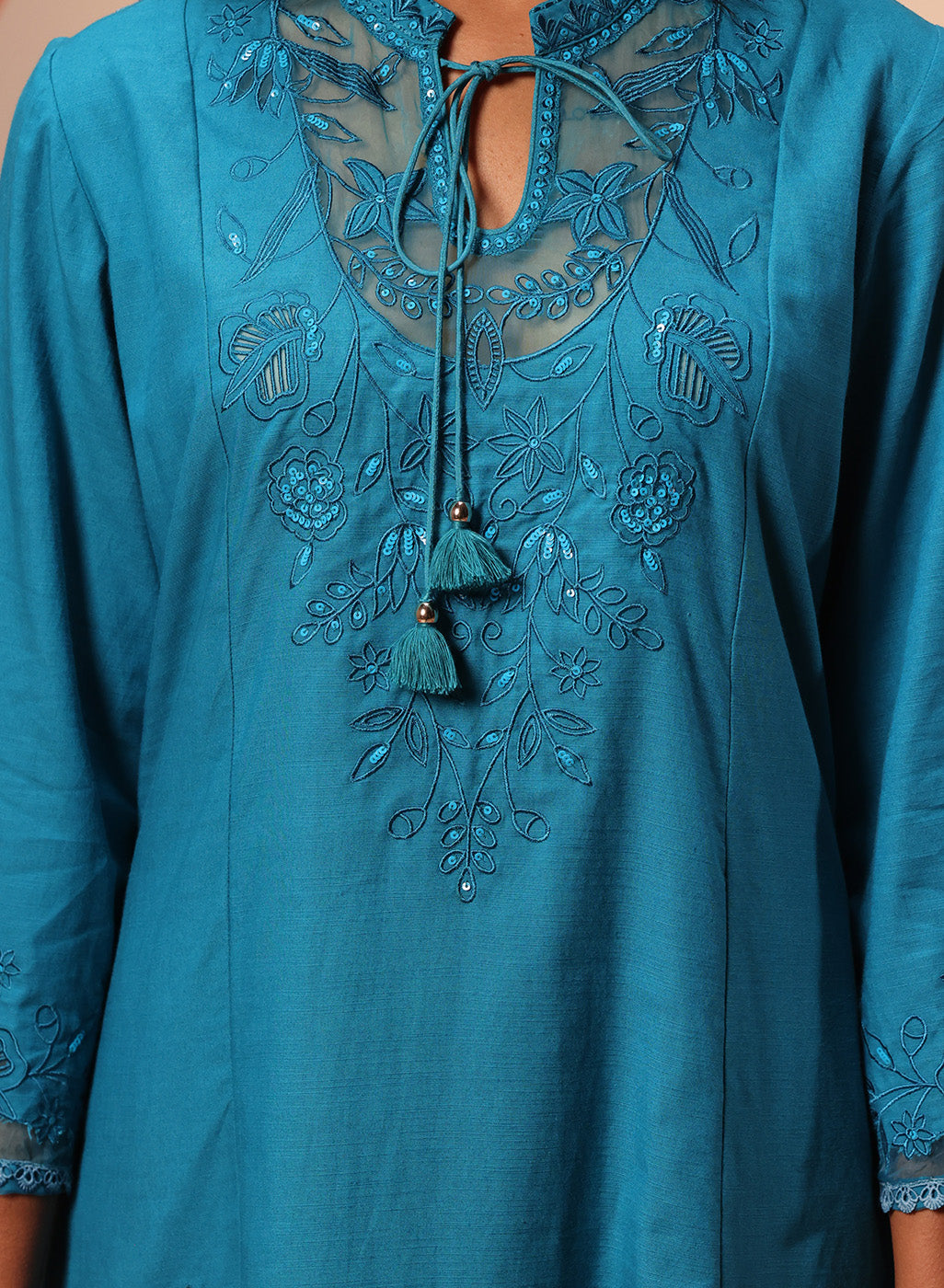 Close-up view of Zara Teal Cotton Linen Embroidered Kurta