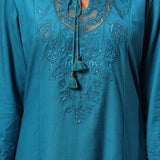 Close-up view of Zara Teal Cotton Linen Embroidered Kurta