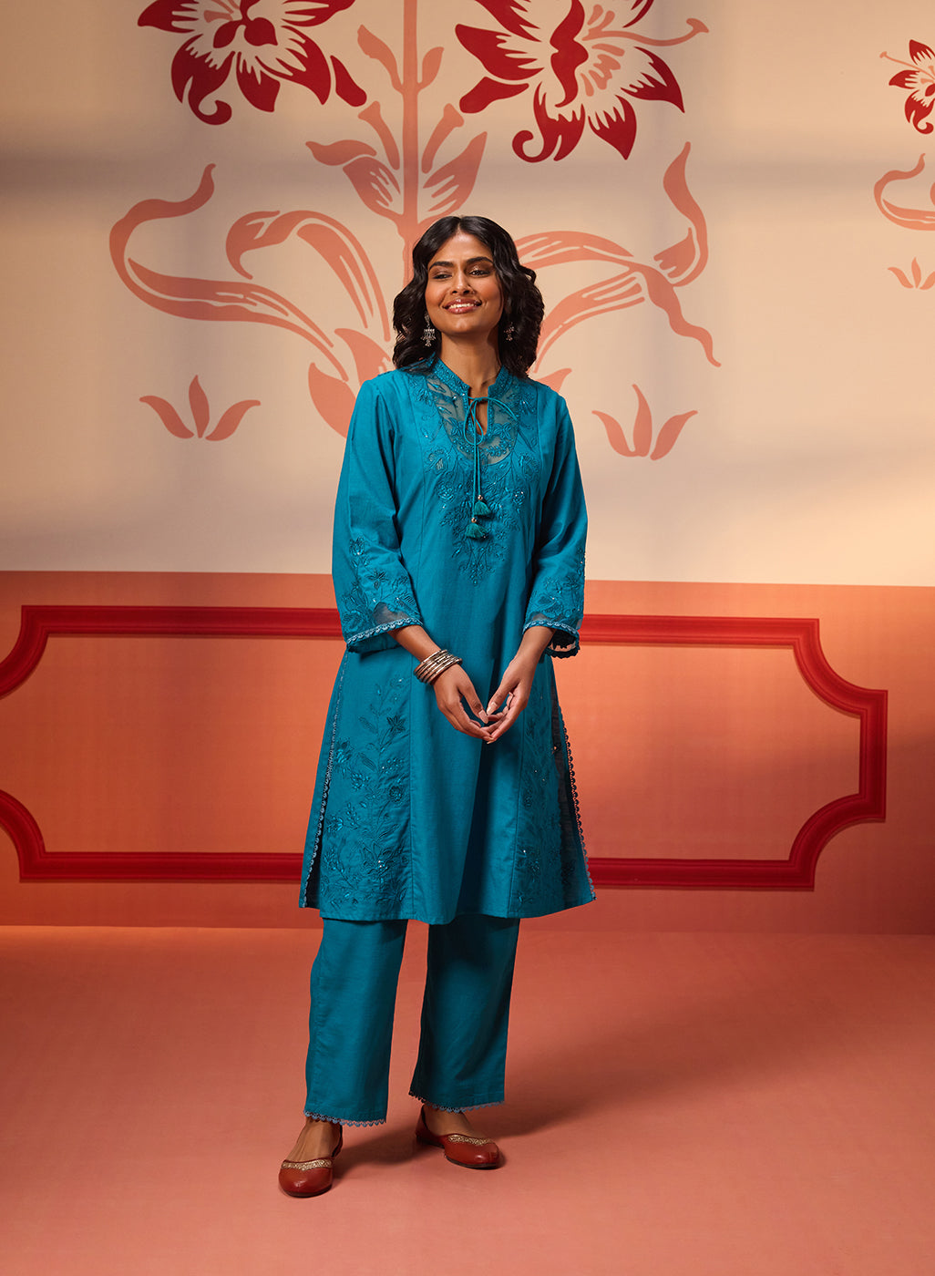 Full view of Zara Teal Cotton Linen Embroidered Kurta Set