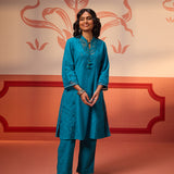 Full view of Zara Teal Cotton Linen Embroidered Kurta Set