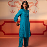 Right side view of Zara Teal Cotton Linen Embroidered Kurta Set