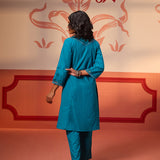 Back view of Zara Teal Cotton Linen Embroidered Kurta Set