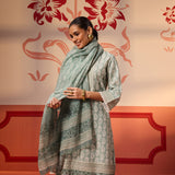 A woman wearing a Fiona Aqua Printed Cotton Linen Set with draping the Dupatta