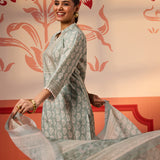 Woman in joy while swaying in Fiona Aqua Printed Cotton Linen Set with Dupatta