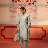 Full front view of Fiona Aqua Printed Cotton Linen Set with Dupatta