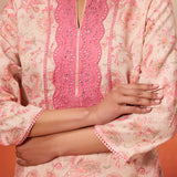 Close view of Roshna Coral Printed Cotton Linen Kurta