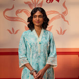 Front View for Alayna Blue Embroidered Cotton Linen Designer Kurta Set