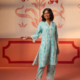 Alayna Blue Embroidered Cotton Linen Designer Kurta Set For Women