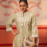 Misbah Basil Green Printed Cotton Linen Kurta Set for Women