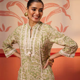 Misbah Basil Green Printed Cotton Linen Kurta Set for Women