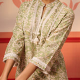 Misbah Basil Green Printed Cotton Linen Kurta Set for Women