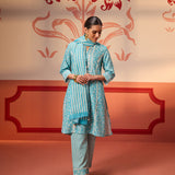 Rysa Turquoise Printed Cotton Linen Set with Dupatta