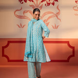 Rysa Turquoise Printed Cotton Linen Set with Dupatta