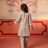 Misbah Basil Mushroom Grey Printed Cotton Linen Kurta Set for Women