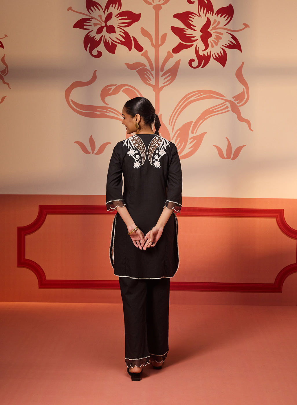 Back view of Shehwar Salmon Black Embroidered Cotton Linen Co-Ord Set