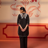 Back view of Shehwar Salmon Black Embroidered Cotton Linen Co-Ord Set